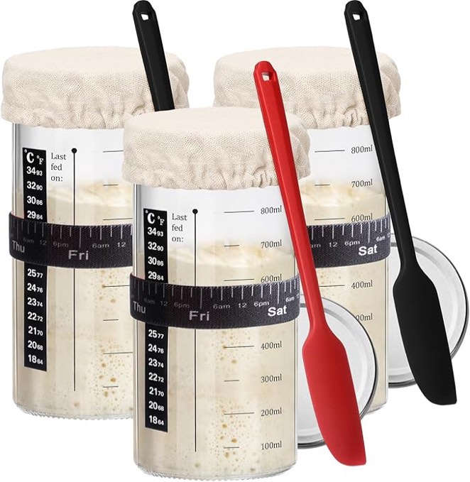 3 Sets Sourdough Making Jar 35 oz Sourdough Starter Kit with Thermometer, Scraper, Cloth Cover and Metal Lid Wide Mouth Sour Dough Starter Jar for Sourdough Bread Baking