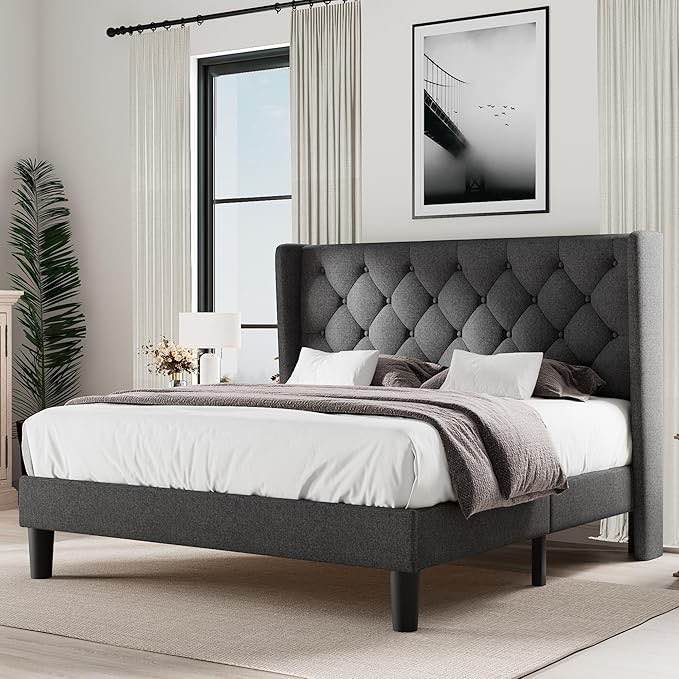 Queen Size Upholstered Bed Frame with Wingback Headboard, Fabric Linen Platform Bed, 8" Under Bed Storage, Wooden and Metal Slats Support, No Box Spring Needed, Noise Free, Dark Grey