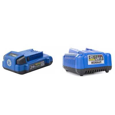 Kobalt's 24-volt starter kit includes: 2.0Ah battery and 45-Watt charger •Battery features a power indicator display to show the charge status whether it is on or off a tool •Internal circuitry protects the batteries from extreme temperatures, over-discharge, and
