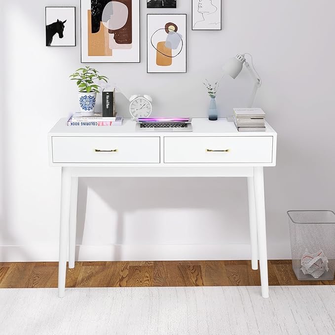 (incomplete)Small White Desk with 2 Drawers, Modern Writing Desk for Small Spaces, Home Office Desk for Study, Laptop Computer Desk for Work, Makeup Vanity Table for Bedroom (White)