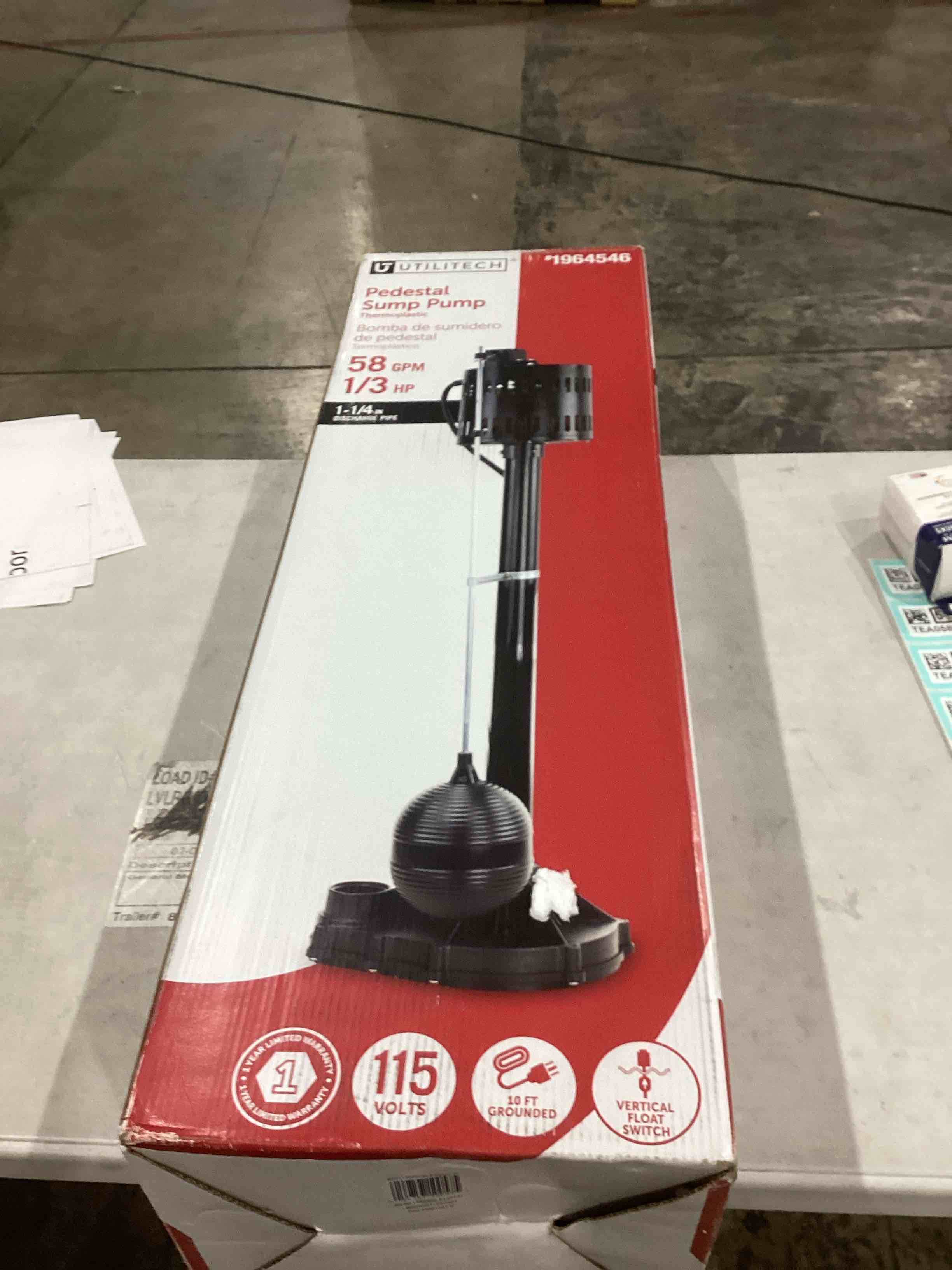 ( used) Utilitech 1/3 HP Thermoplastic Pedestal Sump Pump, designed for removing water from sump pits in basements or crawl spaces. Key features include:  Pumping Capacity: 58 GPM (gallons per minute). Motor: 1/3 HP. Discharge Pipe Size: 1-1/4 inch. Material: Corrosion-resistant thermoplastic. Float Switch: Adjustable vertical float for customized cycle performance. Protection: Screened base to prevent debris from entering the pump. Installation: Easy to install with included instructions and a quick-start guide. Model number: #1964546.
