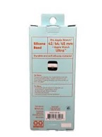 Onn brand silicone watch band designed for Apple Watches. Key details include:  Compatibility: Fits Apple Watch sizes 42/44/45 mm and Apple Watch Ultra models. Material: Made of durable and soft silicone. Features: Easy to connect and change, allowing for customization of the Apple Watch look. Brand: Onn, known for providing simple and affordable electronics accessories. Sizes: Also compatible with 38/40/41mm Apple Watches. Buckle: Features a stainless steel buckle with adjustable sizing. Packaging: Eco-friendly paper material.