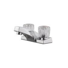 a non-metallic bathroom faucet with two acrylic handles and a chrome finish. Key features include:  Washerless cartridges. 4-inch centerset design. Flow rate of 1.2 gallons per minute (GPM). 1-year limited warranty. Suitable for replacing one or two-handle faucets. Designed for installation in a 3-hole (4-inch centerset) bathroom sink.