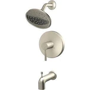 allen + roth.  HARLOW  Tub & Shower Faucet  Brushed Nickel Finish  •Single-function shower head  •Single-lever control  • Ceramic disc cartridge  Grifo para bañera y ducha  Acabado en níquel cepillado  •Cabezal de ducha de una función  •Control individual  •Cartucho de disco de cerámica