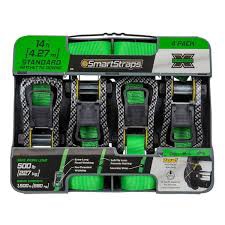 4-pack of SmartStraps 14 ft CarbonX ratchet tie-down straps, designed for securing lighter loads in a pickup truck or small trailer. Key features include: Length: 14 ft (4.27 m) Safe Work Load: 500 lbs (227 kg) Break Strength: 1500 lbs (680 kg) Features: Extra-long fixed webbing, pre-threaded webbing, soft-tie loop to prevent marring, and Zerust anti-seize ratchets Usage: Suitable for securing items like dirt bikes, ATVs, and lawn tractors Handle: Ergonomic, flared handle for maximum leverage Packaging: Includes a reusable storage case