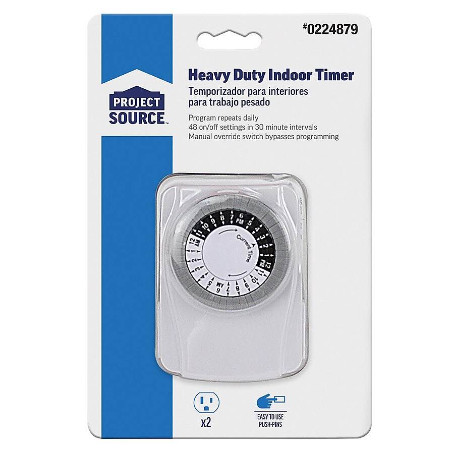 The Project Source Heavy Duty Indoor Timer is an electrical device used to automatically turn appliances or lights on and off at set times. Helpful information: It features a 24-hour repeating cycle with 48 on/off settings in 30-minute intervals. Easy-to-use push pins allow for simple programming. A manual override switch bypasses the programmed settings when needed. It has two grounded outlets for use with indoor devices requiring a grounded connection. It's suitable for controlling lamps, seasonal lighting, or portable fans. The timer is designed for interior use. It can help save energy by automatically turning devices off when not in use.