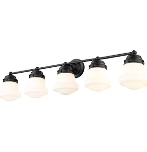 ( similar ) 5-light vanity bar, likely for a bathroom. Key details include: Product Name: 5-Light Vanity Bar Model Number: VBS211-MEK Manufacturer: Utex Industries Origin: Made in China Date Code: 0824 Packaging: "This Way Up" indicator for proper handling during shipping.