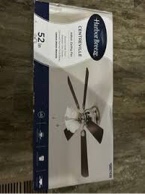 Harbor Breeze Centreville indoor ceiling fan. Key features include:  52-inch size Brushed nickel finish Alabaster glass shades Cocoa and nutmeg finish blades LED lighting Flush mount design Suitable for medium to large rooms (150-320 sq ft) Limited lifetime warranty