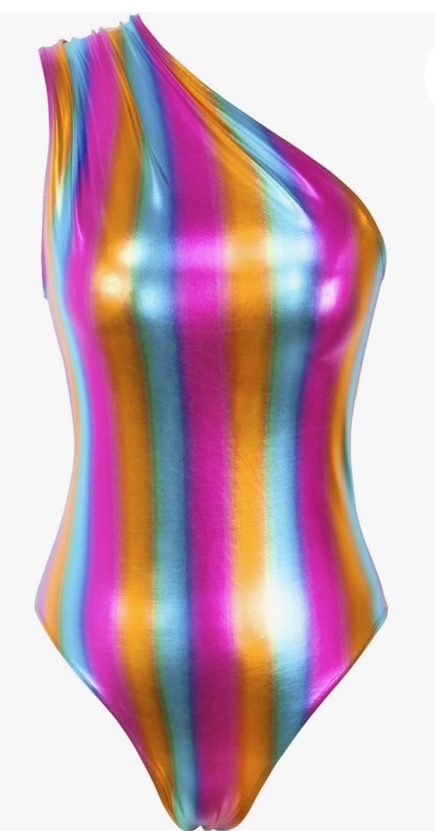 Women's Metallic Liquid One Piece Bodysuit High Leg Cut Ruched One Shoulder Leotard Top Rave Night Out Unicorn Silver Small