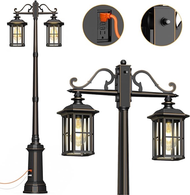 Outdoor Lamp Post Light with GFCI Outlet, Dusk to Dawn Waterproof Street Lighting, Waterproof Double Head Anti-Rust Aluminum Lantern Fixture for Backyard Driveway Garden Patio