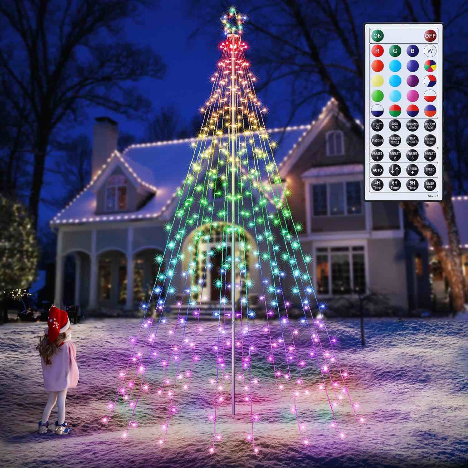 loom tech RGB Color Changing Christmas tree lights-10 Ft 404 LED WITH 7.08” Topper, remote controll waterproof iron pole waterfall holiday tree lights for outdoor Christmas Decorations.