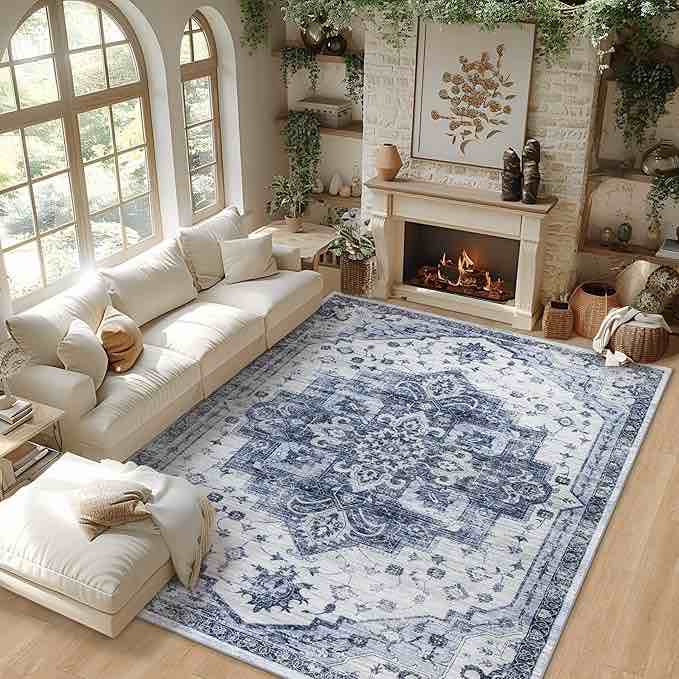 9x12 Area Rugs Living Room: Washable Boho Vintage Medallion Rug Indoor Soft Non Slip Ultra Thin Non-Shedding Large Carpet for Bedroom Classroom Home Office (Beige, 9' x 12') Beige 9' x 12'
