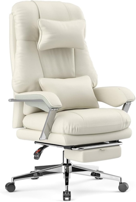 Office Chair with Foot Rest - High Back Executive Chair with Padded Linkage Armrests, Reclining Desk Chair with Wheels, Comfy Chair with Double Thick Cushion (Cream White)