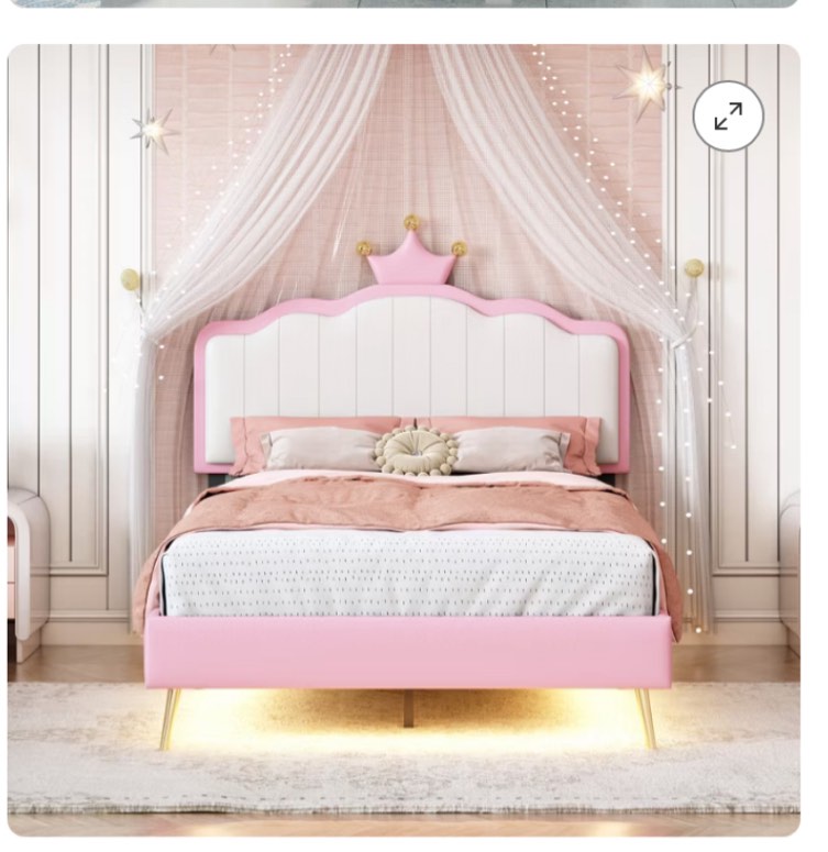 Full/Twin Size Upholstered Princess Bed With Crown Headboard, Light Strips and Golden Metal Legs,