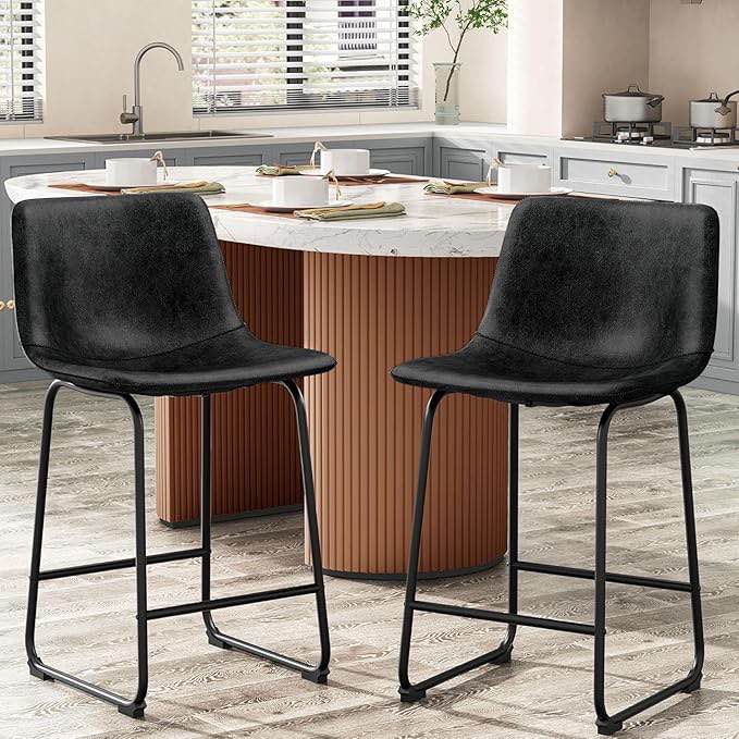 Set of 4, PU Leather Counter Height Bar Stools, 26" Modern Bar Stools with Metal Legs and Footrest, Urban Armless Dining Chairs with Backrest for Kitchen Island (Black