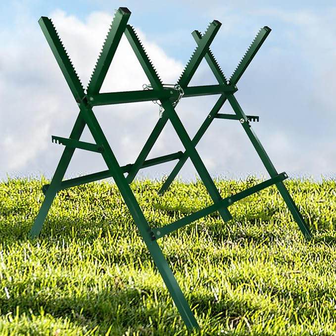 ANDGOAL Saw horses Folding - Sawhorses Adjustable, Log Sawbuck Heavy Duty, Metal Sawhorses Wood Working, Sawbuck for Firewood with Chain 260 lbs Log Sawhorse Green