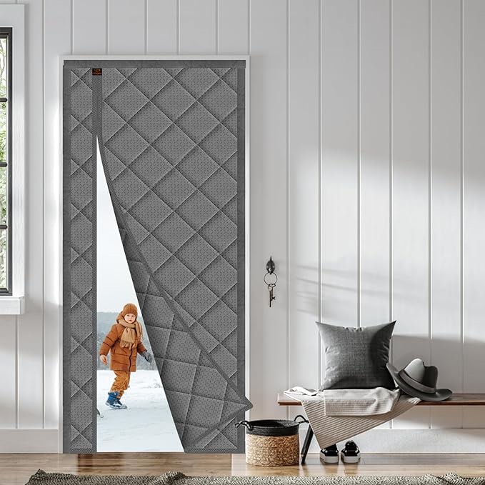 *similar to stock photo*WochiTV Magnetic Thermal Insulated Door Curtain Fits Door Size 34" x 96", Durable Waterproof Cloth, Polyester Fiber Filling, Weatherproof, Windproof, Reduce Noise, Visible Panels, Side Opening, Gray