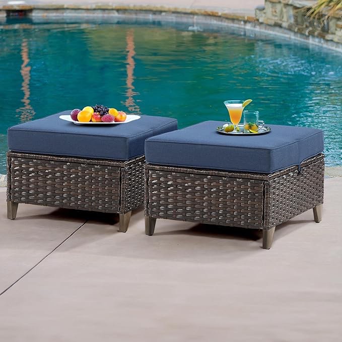 *similar to stock photo*black whicker and blue cushions*incomplete*missing boxes*Outdoor Wicker Footstool Brown Rattan with Removable Cushion, Dark Blue, for Garden, Backyard, Deck, Porch, Balcony, Poolside