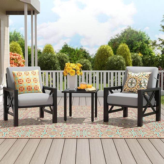 *similar to stock photo*NATURAL EXPRESSIONS 3-Piece Patio Bistro Set, Patio Conversation Furniture Set with 2 Chairs and 1 Metal Coffee Table, 6.5'' Thick Olefin Cushions for Backyard,Porch,Poolside