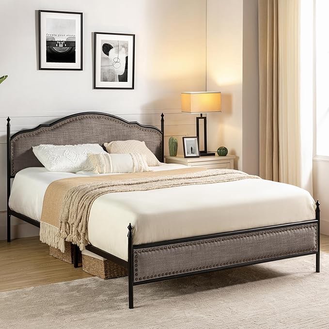 *similar to stock photo*ivory*missing box*HULALA HOME Metal Platform Bed Frame Queen Size with Upholstered Headboard Footboard/Wood Slat Support/No Box Spring Needed/Easy Assembly
