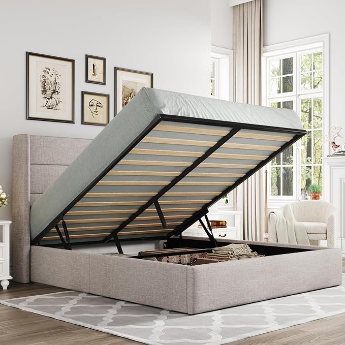 *similar to stock photo*missing box2*Allewie Queen Size Lift Up Storage Bed, Modern Wingback Headboard, Hydraulic Support, No Box Spring Needed, Light Beige