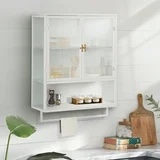 *similar to stock photo*Royard Oaktree Metal Wall Cabinet with Glass Semi-Arch Doors Wall Mounted Storage Cabinet with Open Shelf and Towel Bar Modern Medicine Cabinet for Kitchen Bathroom Living Room, White
