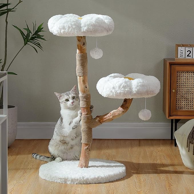*similar to stock photo*Wood Flower Cat Tree, Modern Cat Tower with Real Wood Branches, Luxury Boho Furniture with Scratching Post and 2 Perches, Cat Climbing Tower for Indoor Cats, Cloud White