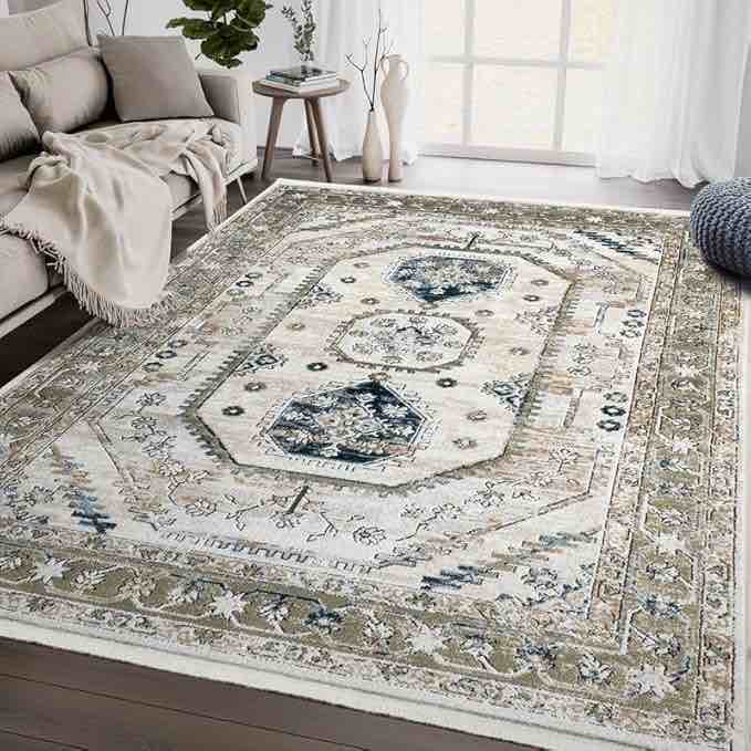 Abani Savoy Vintage Green Border Beige Area Rug