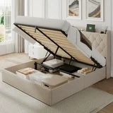 *similar to stock photo*incomplete*missing box*iPormis Full Size Bed Frame with Lift Up Storage & Charging Station, Button Tufted Wingback Upholstered Headboard, Beige