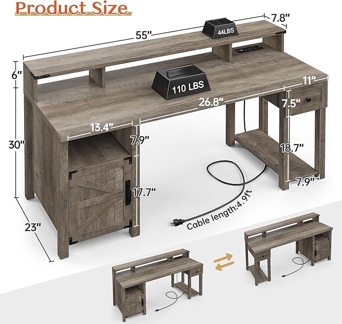 EnHomee Farmhouse Office Desk with Drawer & Power Outlets, Wood Computer Desk Monitor Stand for Bedchamber Study, Reversible Home Office Desks with Storage Cabinet for Working Writing Gaming