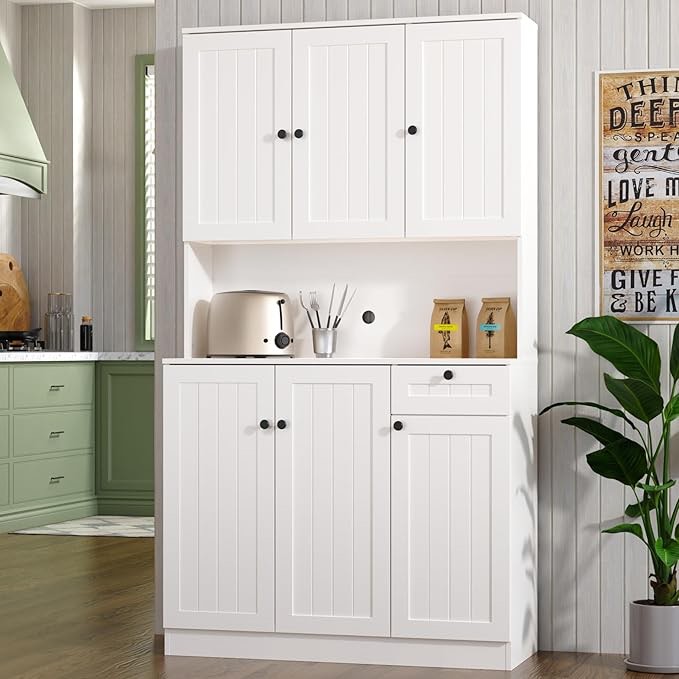 *missing box A*71" Pantry Cabinet with Doors, Tall Kitchen Pantry Storage Cabinet with Microwave Stand, Farmhouse Kitchen Hutch with Storage Drawers for Living Room, Dining Room, White