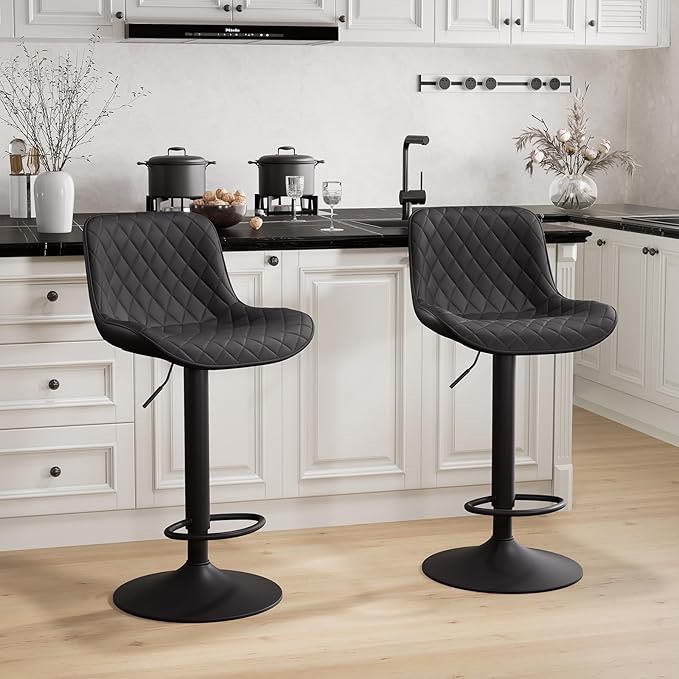 *base only*incomplete*YOUTASTE Black Bar Stools Counter Height Bar Stool Set of 2 Adjustable Swivel Faux Leather Barstools with Padded Back Diamond Metal Bar Chairs for Home Kitchen Island