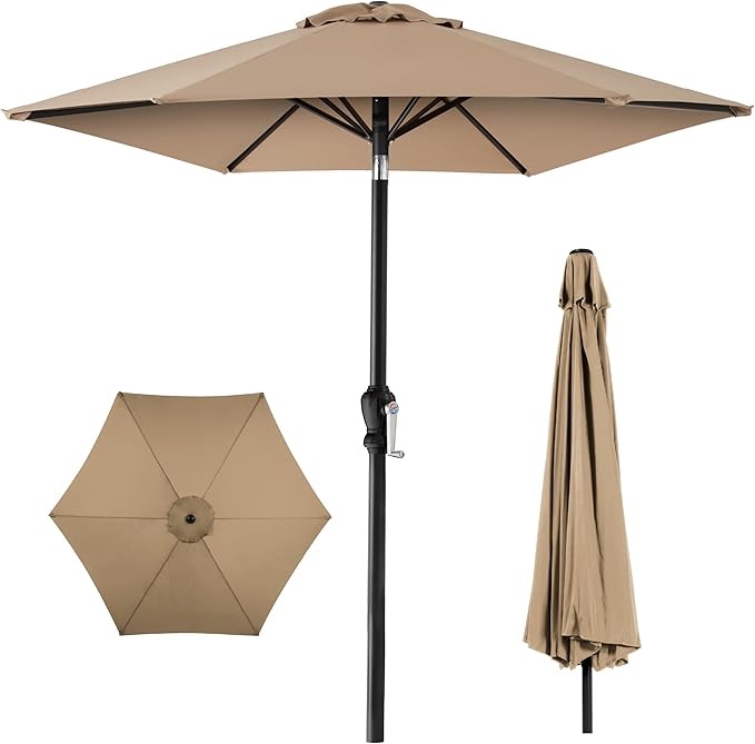 best choice products 10ft outdoor steel polyester market patio umbrella w/crank, easy push button, tilt, table compatible - tan