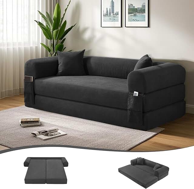 80" convertible sofa bed, 3-in-1 corduroy folding pull out couch with pillows, no assembly modern boneless couch compression sofa in box, floor sofa with side storage pocket for living room,dark grey dark grey 80-inch 3-in-1 sofa