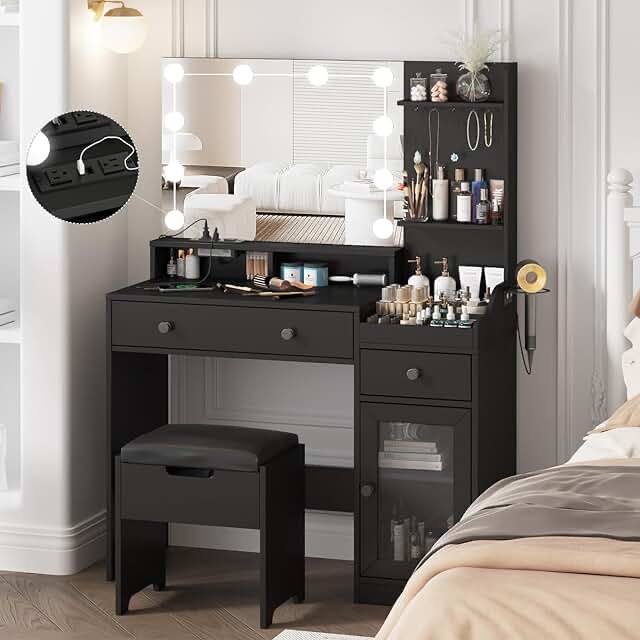 Vanity With 3 Settings Led Lighted Mirror Black (STOOL NOT INCLUDED)
