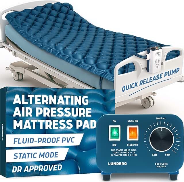 Lunderg Alternating Air Pressure Mattress Pad with Static Mode - Comfortable Bed Sore Prevention - Includes Waterproof Mattress Topper for Hospital Bed or Home & Quiet Pump - Recommended by Doctors
