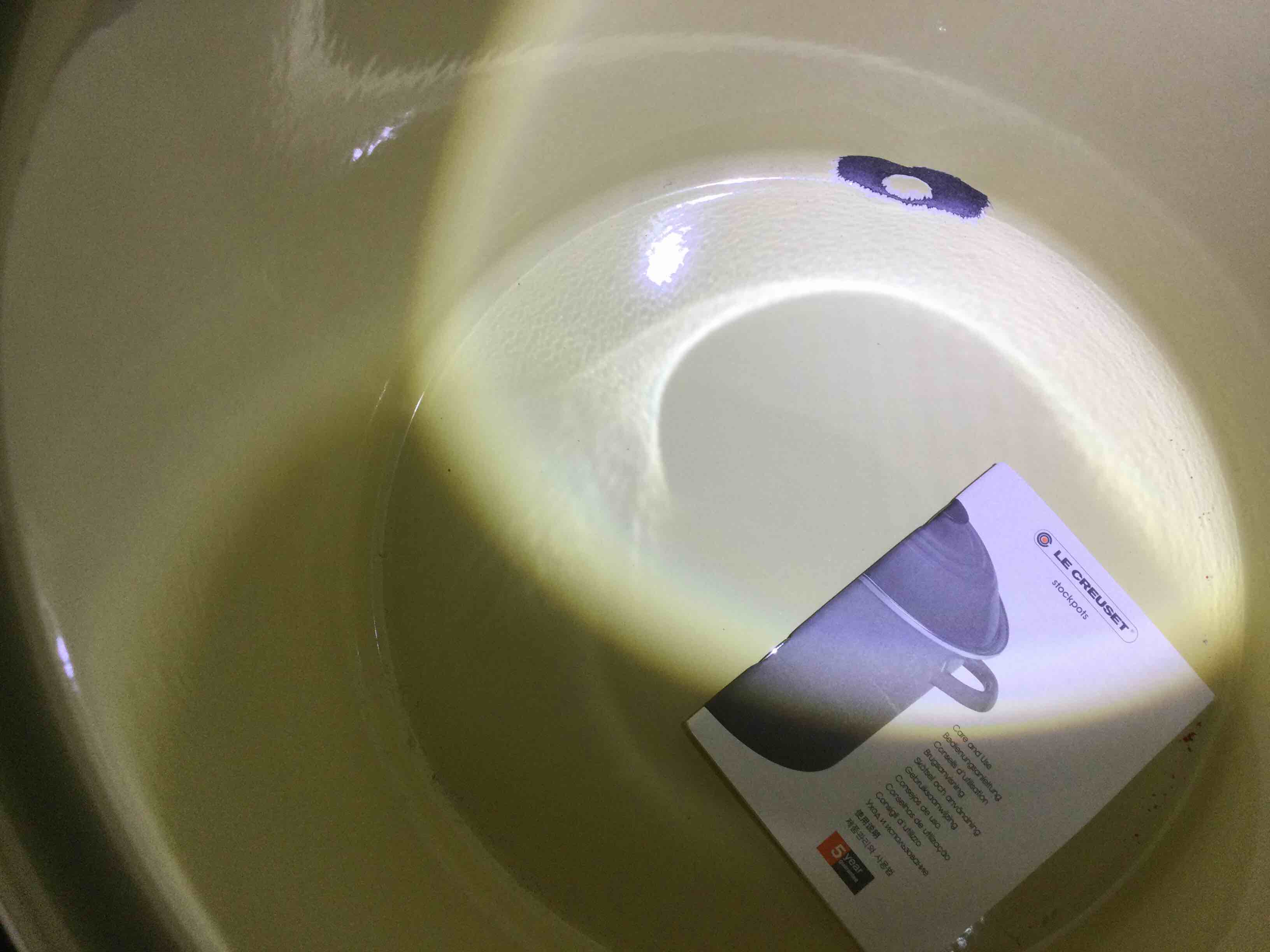 Condition photo showing As Is for Le Creuset Enamel On Steel Traditional Lobster Stockpot, 20 qt., Carmin(DAMAGED)