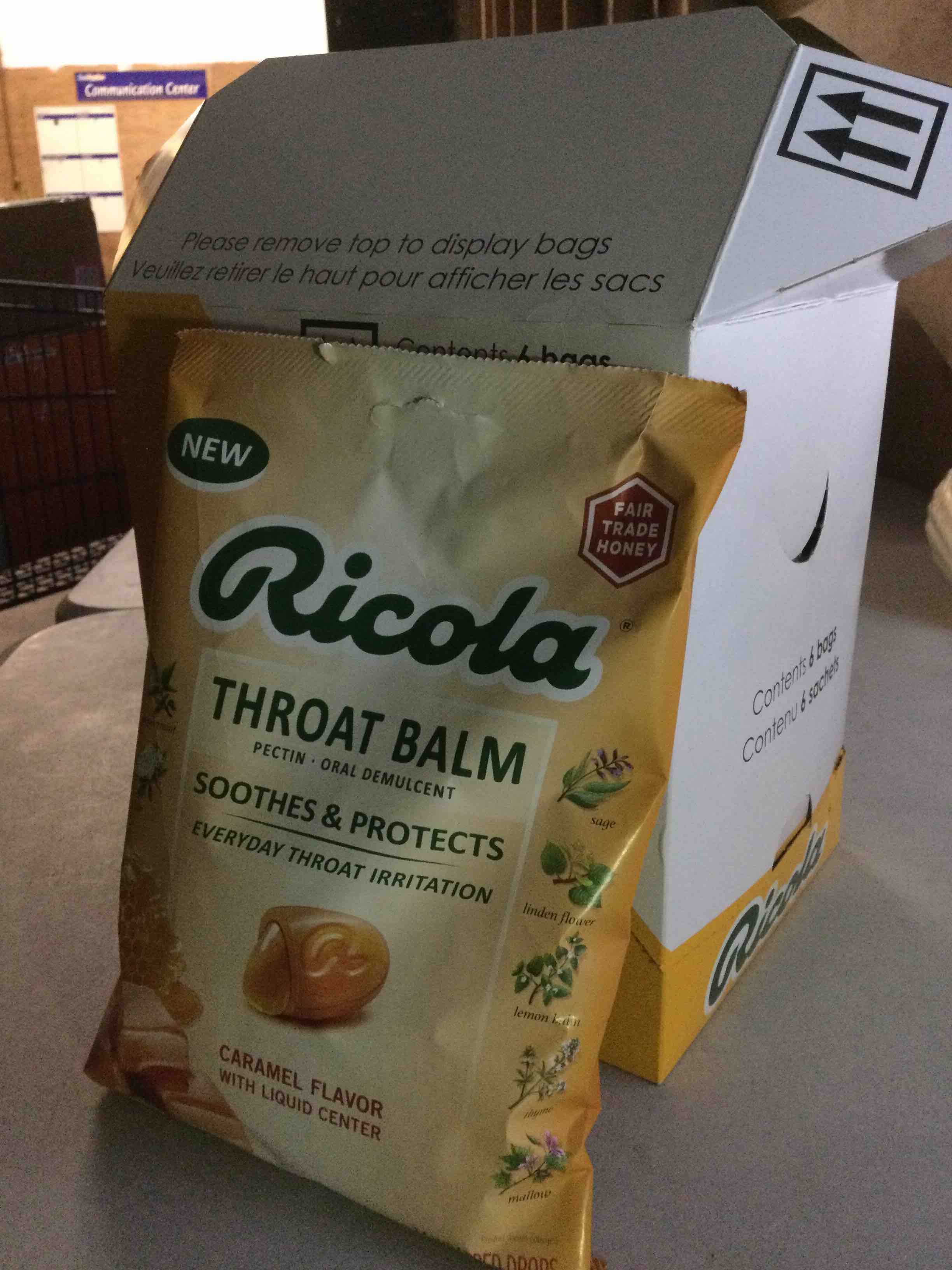 Condition photo showing New/Like New for Ricola Throat Balm Caramel Throat Drops with Liquid Center, Coat & Protect Your Throat, Daily Throat Relief & Protection, Oral Demulcent *1 Case of 6 Bags