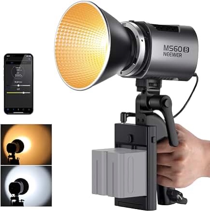 neewer ms60b led video light with 2.4g/app control, 65w metal mini compact cob continuous output lighting spotlight 2700k-6500k, 40000lux@1m, cri 97+/tlci 98+, 12 effects, pwm dimming, bowens mount
