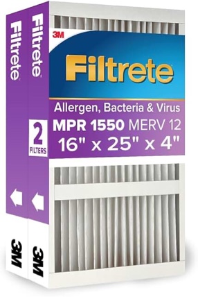 Filtrete 16x25x4 AC Furnace Air Filter, MPR 1550, MERV 12, Fits Lennox & Honeywell, CERTIFIED Asthma & Allergy Friendly, Electrostatic Air Cleaning Filter, 2-Pack (actual size 15.88 x 24.56 x 4.31)