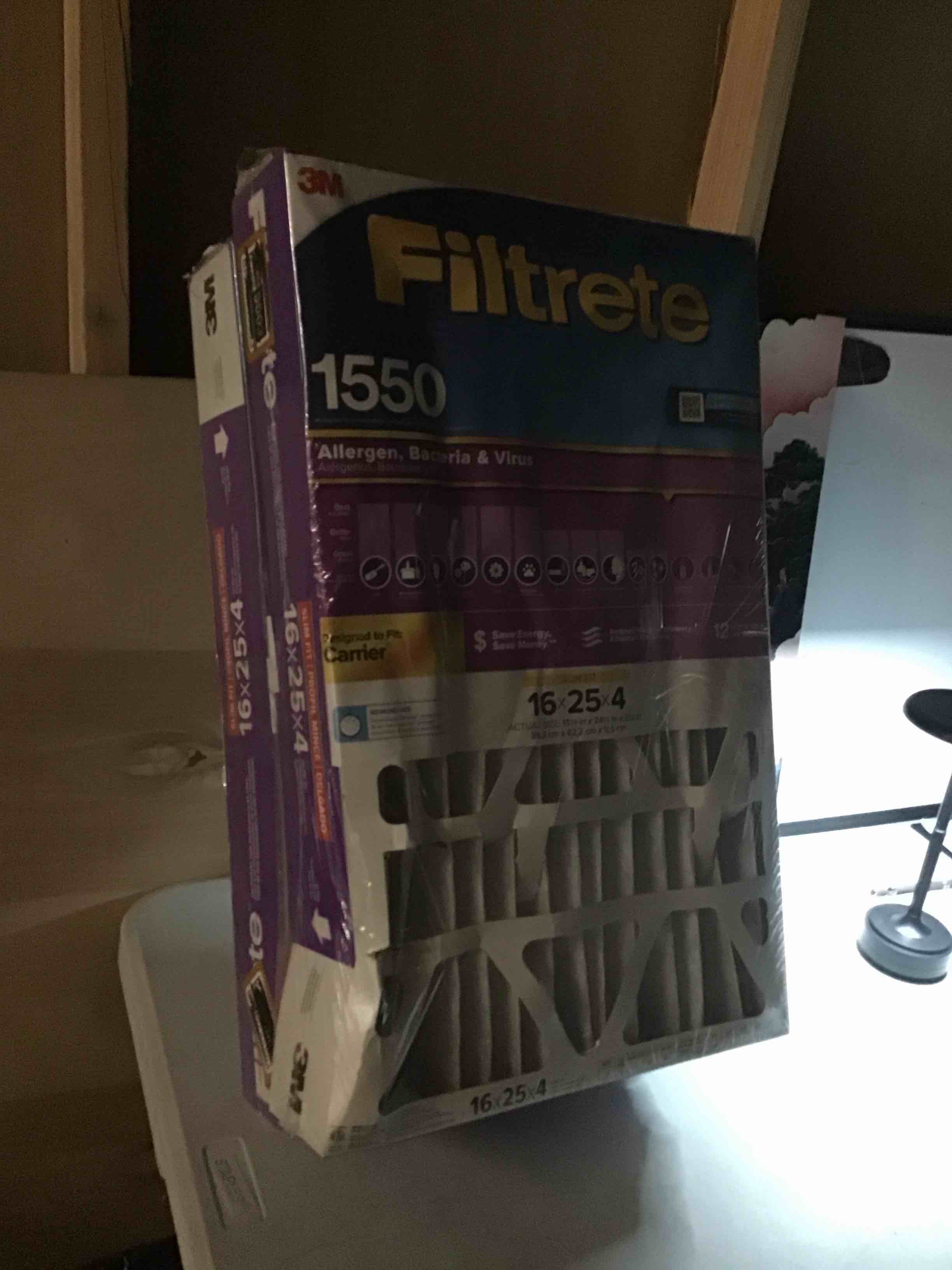 Condition photo showing Good Condition for Filtrete 16x25x4 AC Furnace Air Filter, MPR 1550, MERV 12, Fits Lennox & Honeywell, CERTIFIED Asthma & Allergy Friendly, Electrostatic Air Cleaning Filter, 2-Pack (actual size 15.88 x 24.56 x 4.31)