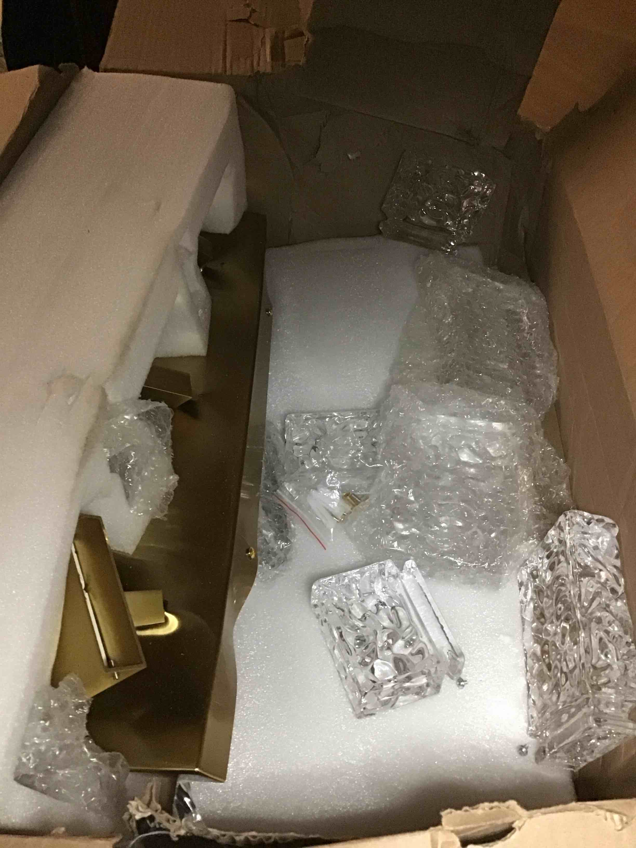 Condition photo showing As Is for Gold Bathroom Vanity Lights Fixtures Over Mirror LED Crystal Modern 3 Light Brushed Stainless Steel Wall Mount Light for Bathroom Lighting Fixtures 3000K 30Watts Warm Light Brushed Gold 3 lights
