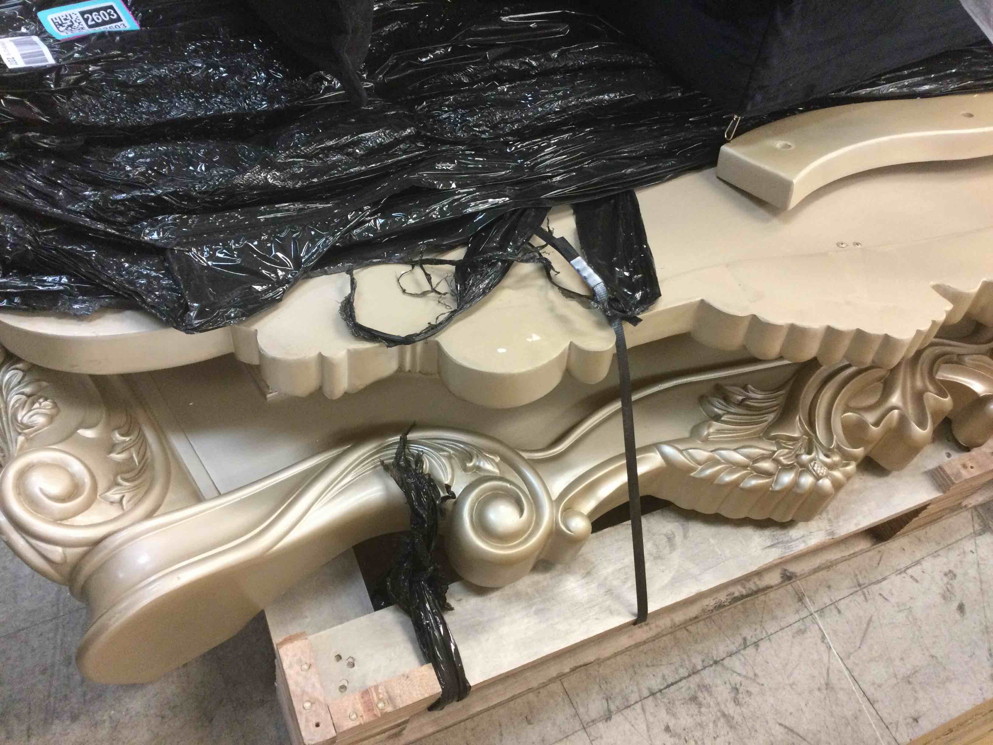 Condition photo showing As Is for Acme Gorsedd California King Bed in Cream Fabric and Golden Ivory