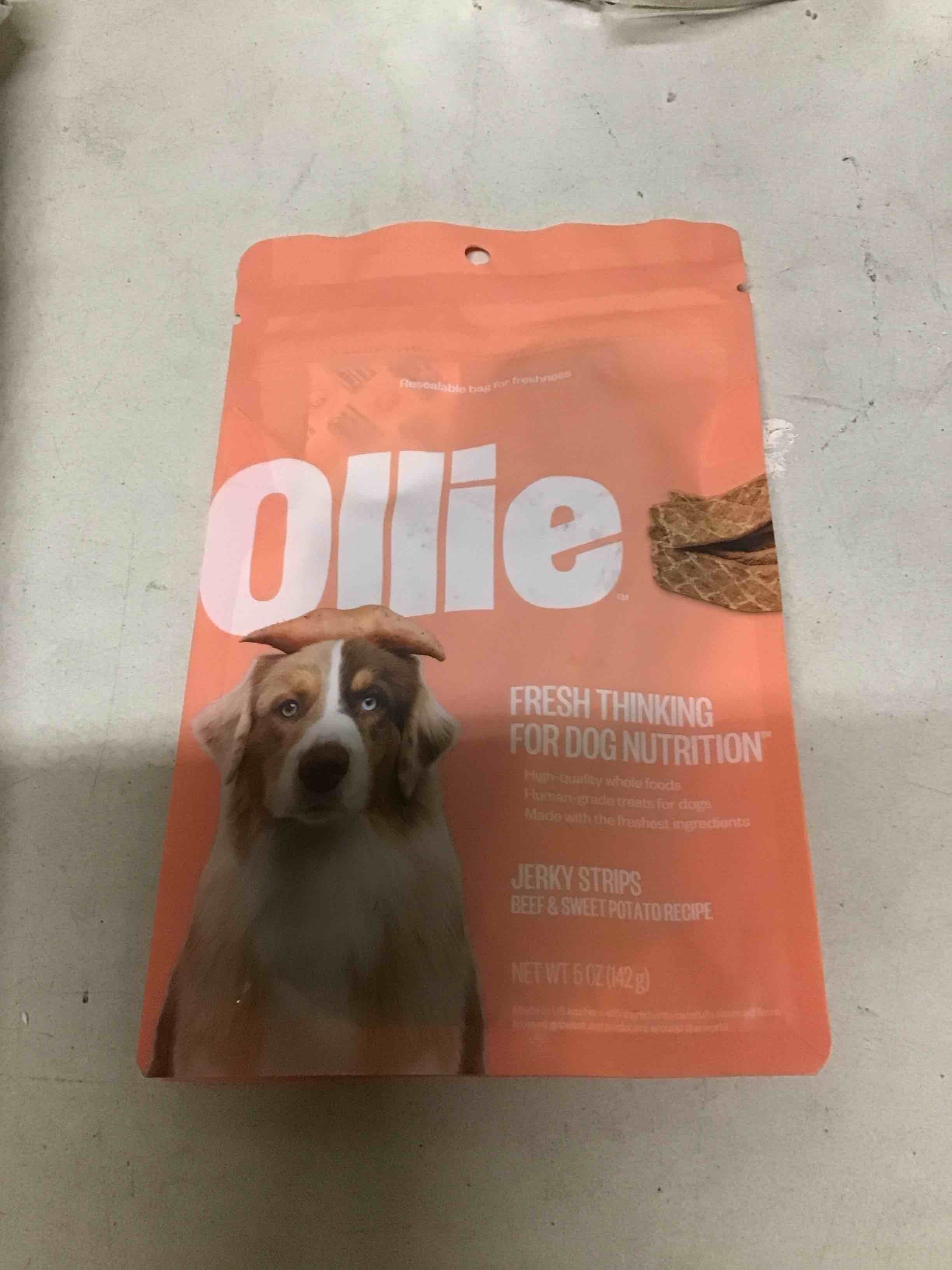 Condition photo showing New/Like New for (BEST BY 08/14/2025) Ollie Beef & Sweet Potato Jerky Dog Treats, 5 oz All Natural, Healthy Snacks, Made with Real Meat, Human Grade, for Dogs