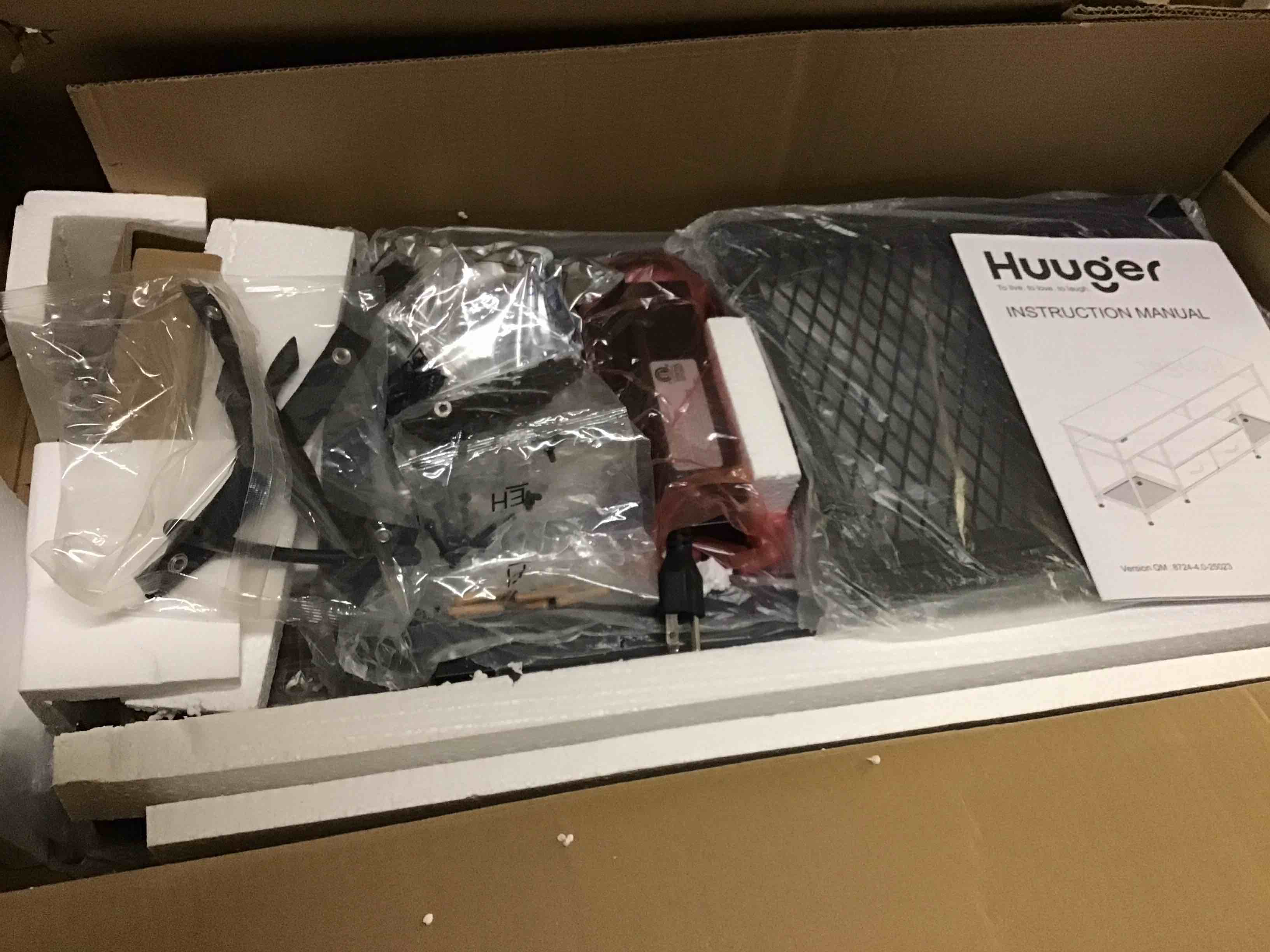 Condition photo showing New/Like New for Huuger 63 Inch LED TV Stand for 65 70 Inch TV, Entertainment Center with Open Shelves and Power Outlets, TV Console for Living Room, Media Console with Drawers, Rustic Brown, 8779FC 63 Inches Rustic Brown