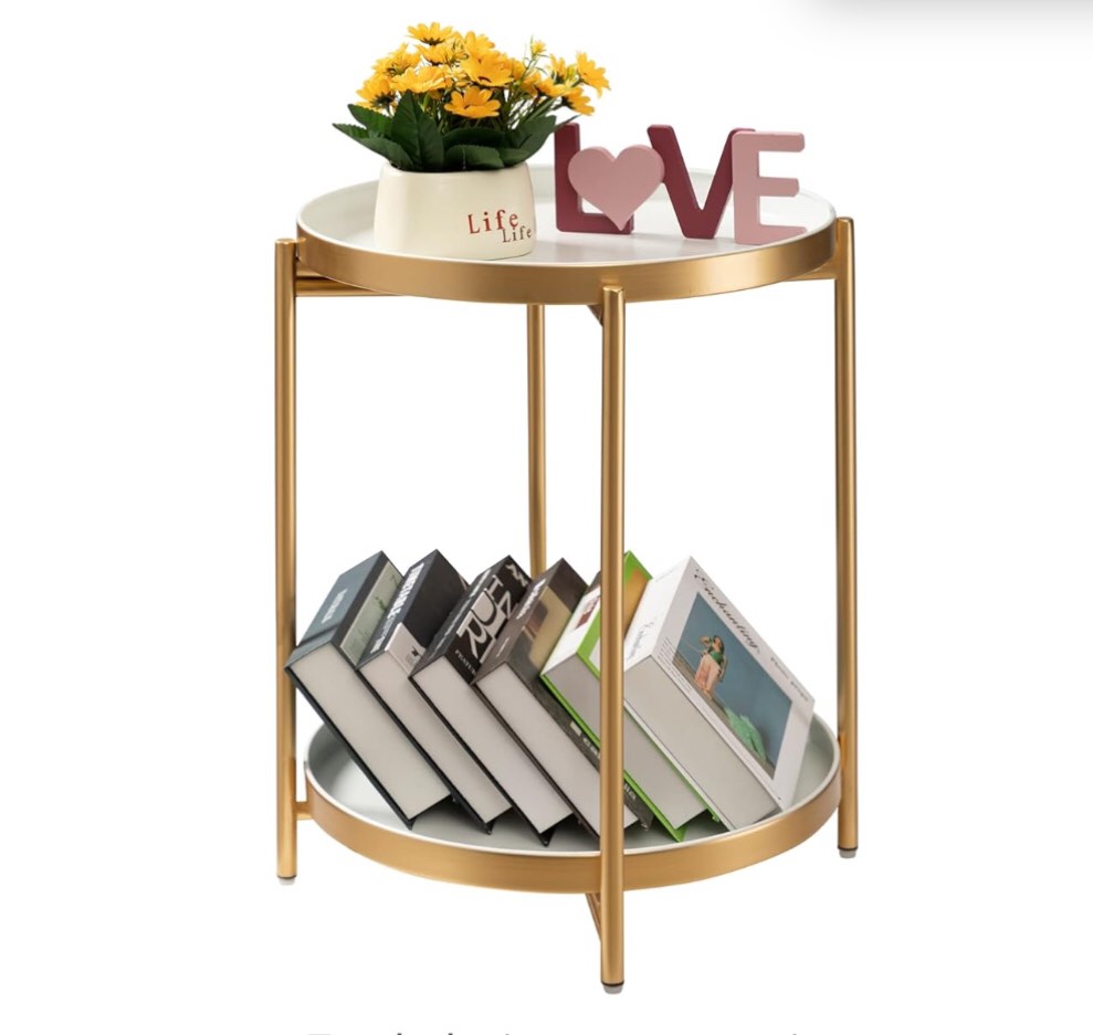 TeoKJ 2 Tier Gold Side Table, Folding Round Metal End Table Small Nightstand with Two Removable Tray for Bedroom Living Room Bedside Small Spaces Gold + White