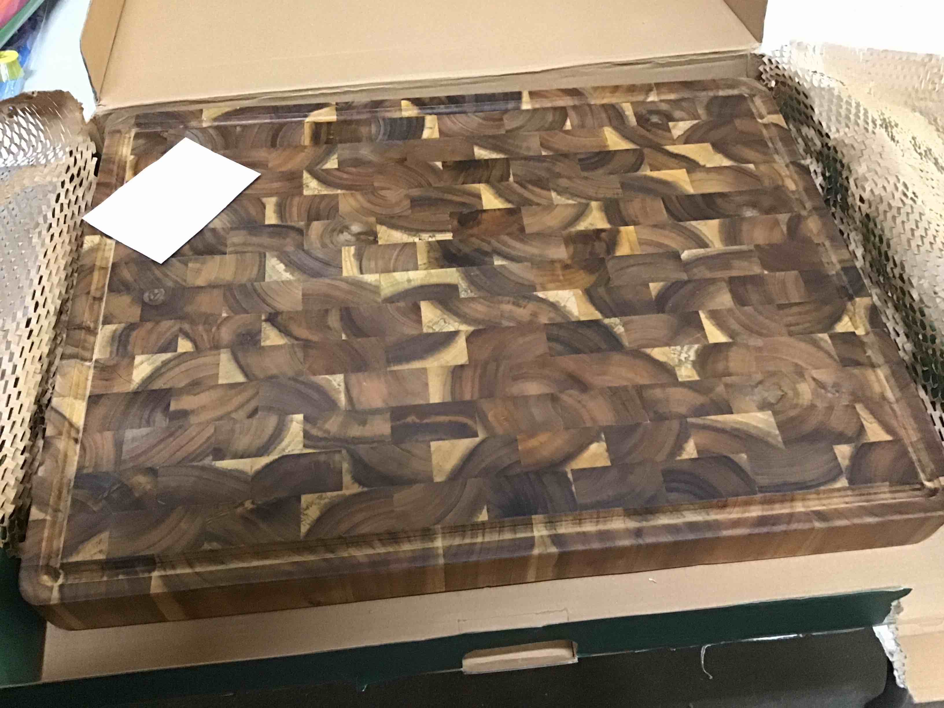 Condition photo showing As Is for Large (L) Acacia End Grain Cutting Board, Reversible, Knife-Friendly Charcuterie Butcher Block with Juice Groove & Handles, Non-Toxic, Gift Box Included (20" x 15" x 1.5") Acacia End Grain 20"L x 15"W