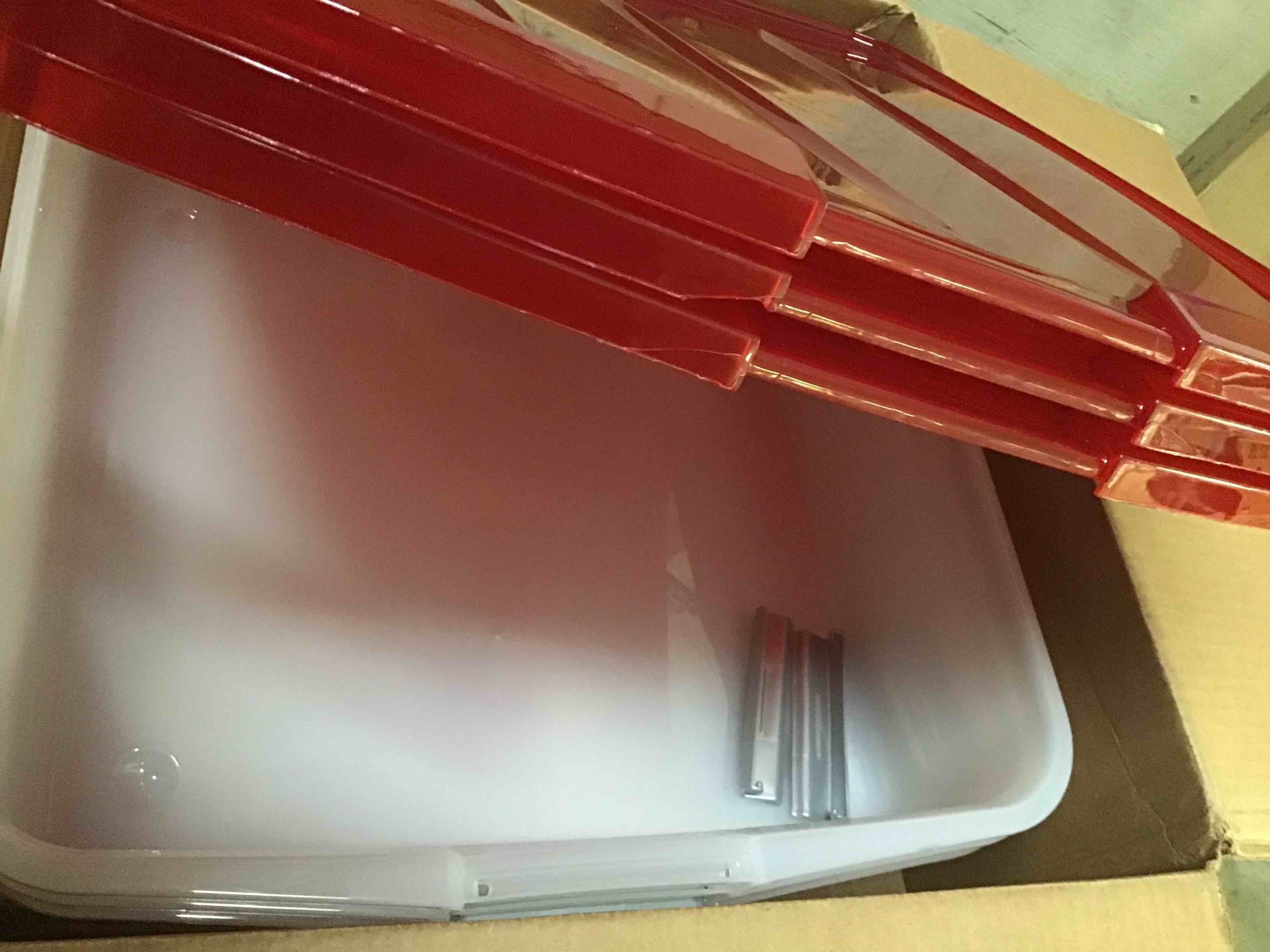 Condition photo showing Good Condition for IRIS USA 33 Quart Christmas Wreath Storage Container Box with Lid, 3-Pack, Stackable Under Bed Storage Organizer Bin with Latching Buckles for 20" Wreaths Christmas Decorations Garlands, Clear/Red 20" Wreath - 3-Pack