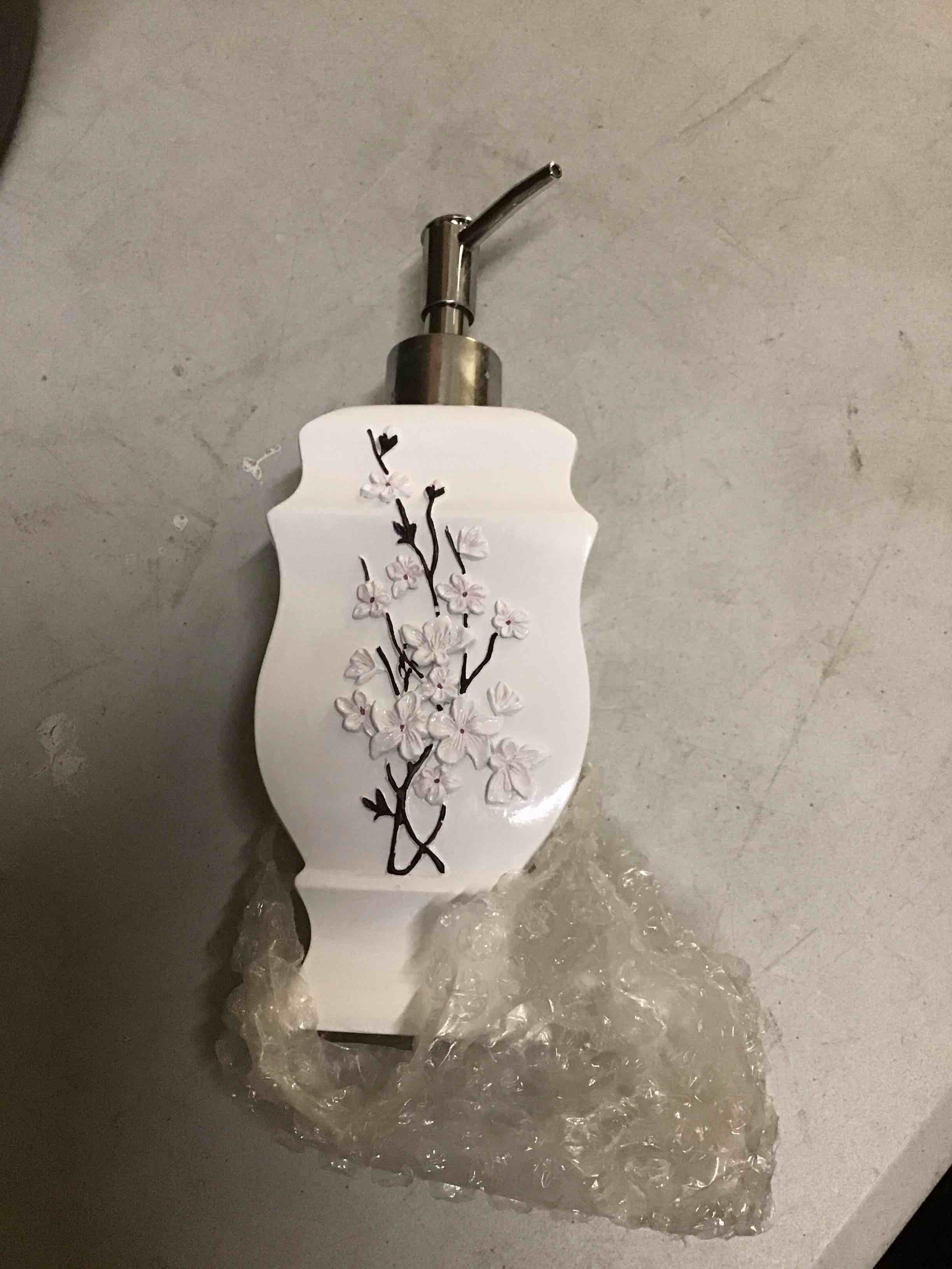Condition photo showing As Is for Creative Scents Vanda White Soap Dispenser Bathroom Countertop Hand Lotion Pump - Lotion Dispenser for Liquid Soap with Durable Pump, Modern Cherry Blossom Style