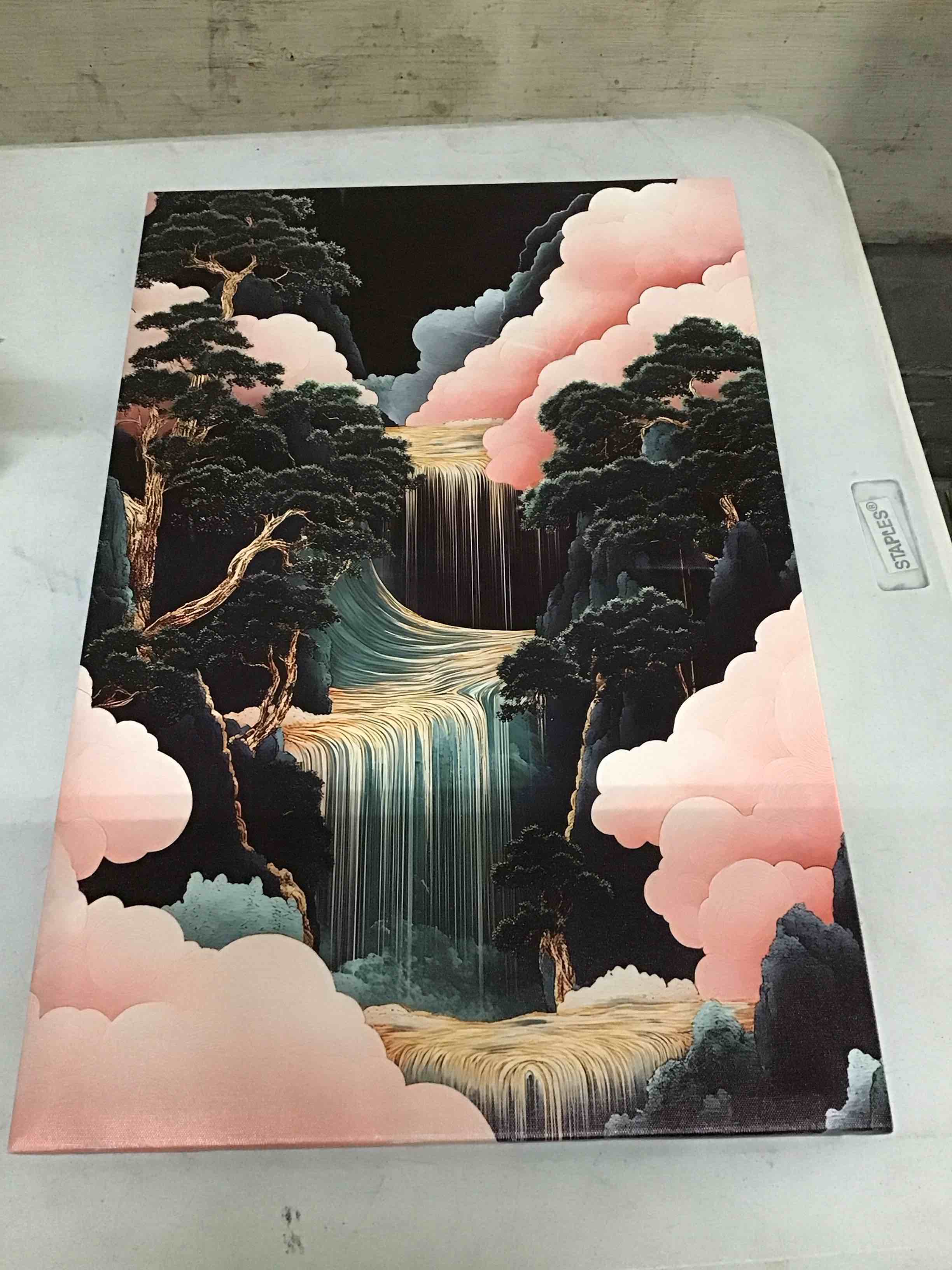 Condition photo showing Good Condition for Hokusai Waterfall Print | Ukiyo-e Japanese Landscape Art (18” x 24”)